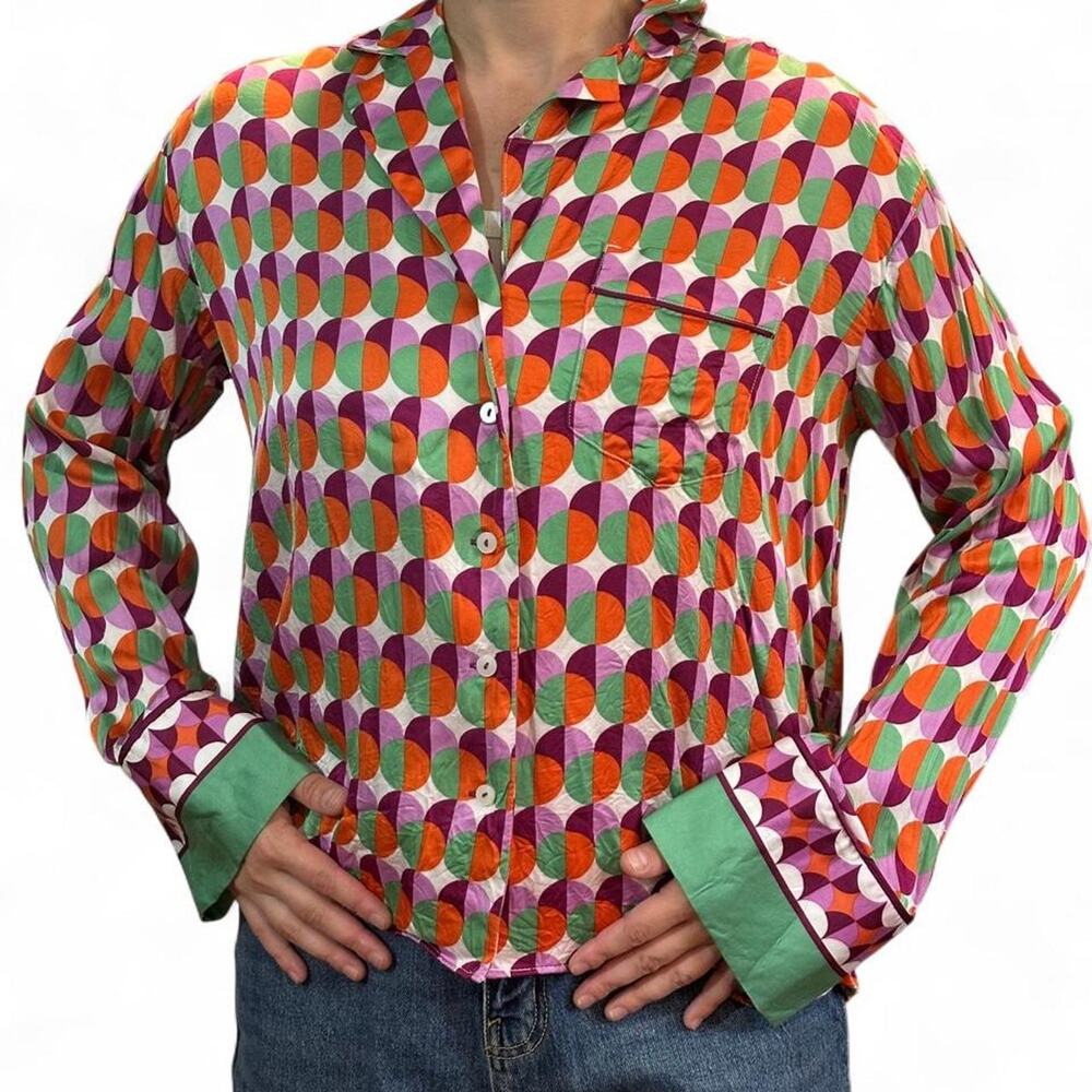 Anthropologie Satin Button Up Shirt Geometric 70s Orange Green Maximalist XS